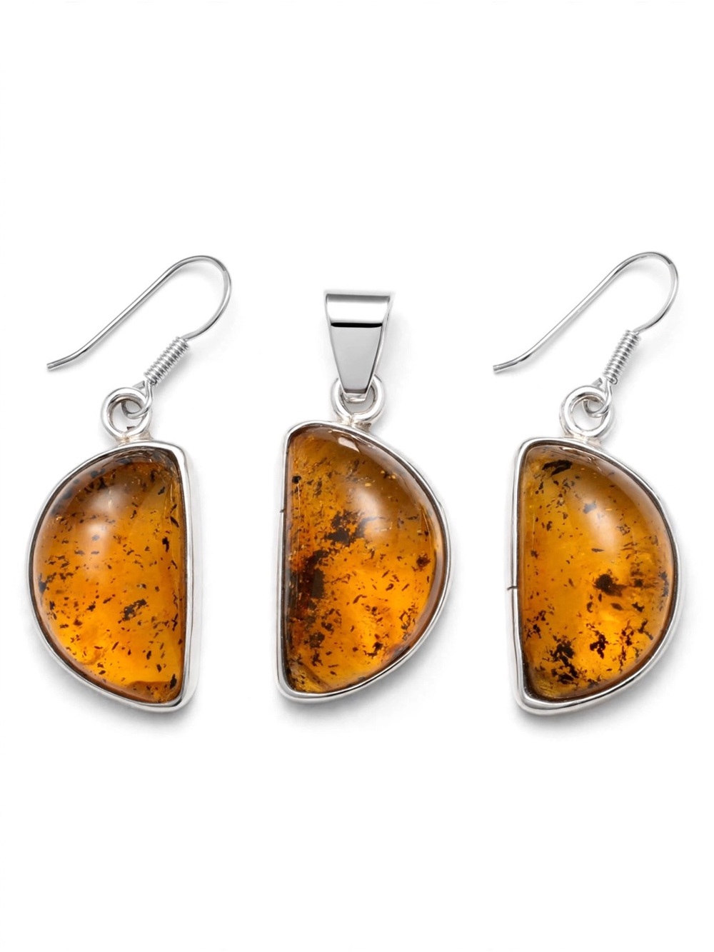 Sterling Silver Amber Half-Moon Pendant & Earrings Set - Amber